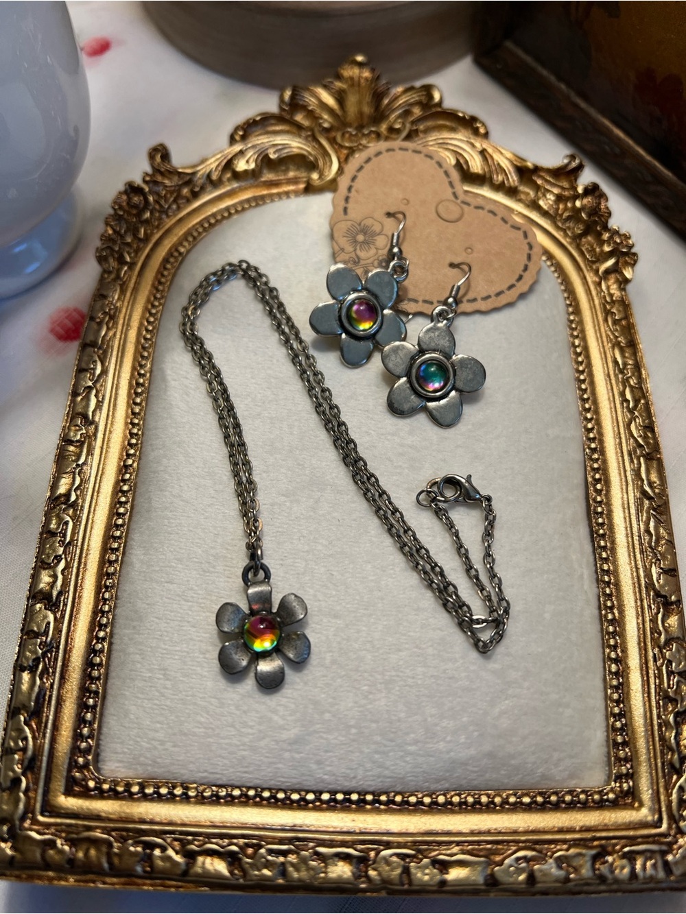 Silver Flower Necklace and Earrings Set with Iridescent Center - Silver Tone